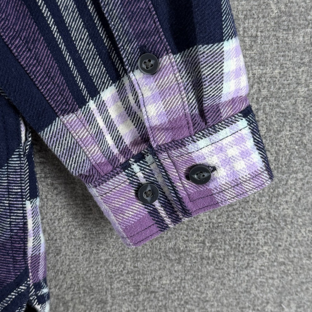Duluth Trading Flannel Shacket Women Size Large Purple Plaid Long Sleeve Cottage - Picture 7 of 10